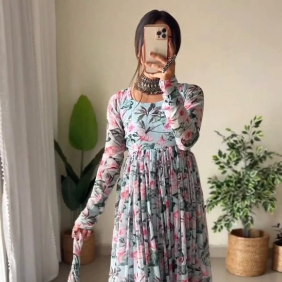 Dresses & Skirts - BEAUTIFUL GEORGETTE FLORAL PRINTED FULL FLAIRED GOWN SET WITH PANT AND DUPATTA